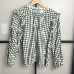 NWT J Crew Factory Plaid Long-sleeve ruffle-shoulder top Size Medium